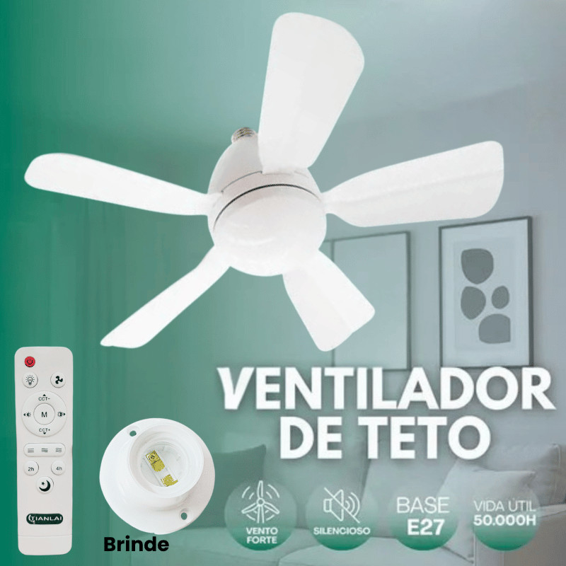 Ventilador de Teto  Turbo Silencioso Oval 80w 5 Pás LED 3 Cores E27 Controle Função Timing Bivolt