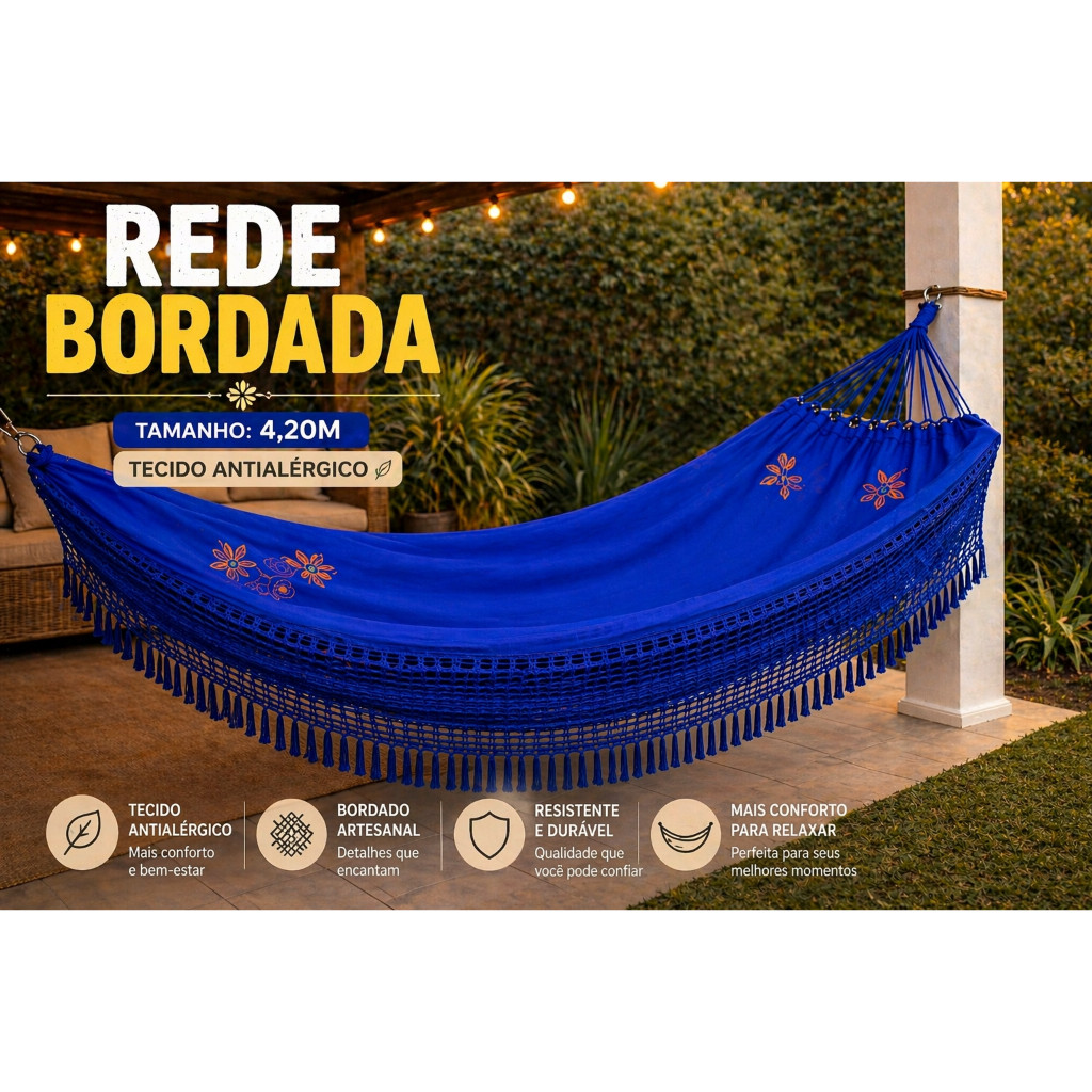 Rede De Dormir Descanso Luxo 4,20m Sol a Sol Gigante Bordada Resistente Tecido  Antialérgica Grosso