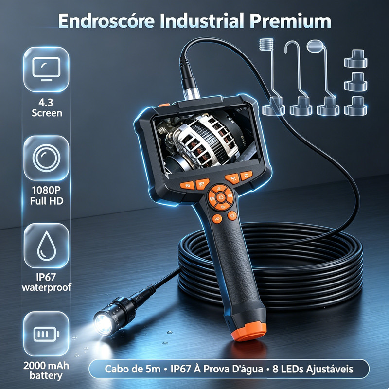 Câmera Endoscópica Tela 4.3 HD Borescópio IP67 Prova D'água 1080P  Use Canos De Esgoto E Motores De Carro 5M