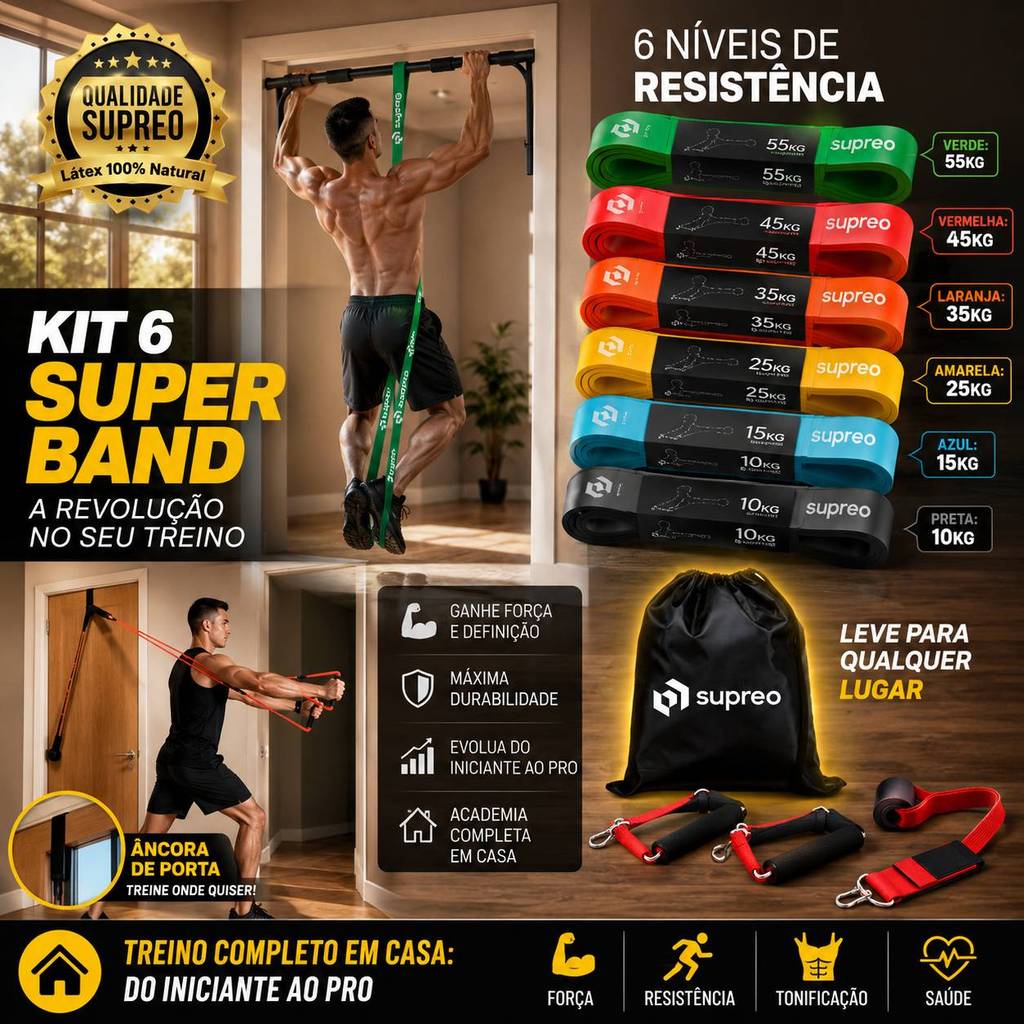 Kit 6 Super Band Elástico Extensor Treino Em Casa 6 Intensidades Crossfit Pull Up Completo Com Puxadores Ancora Porta