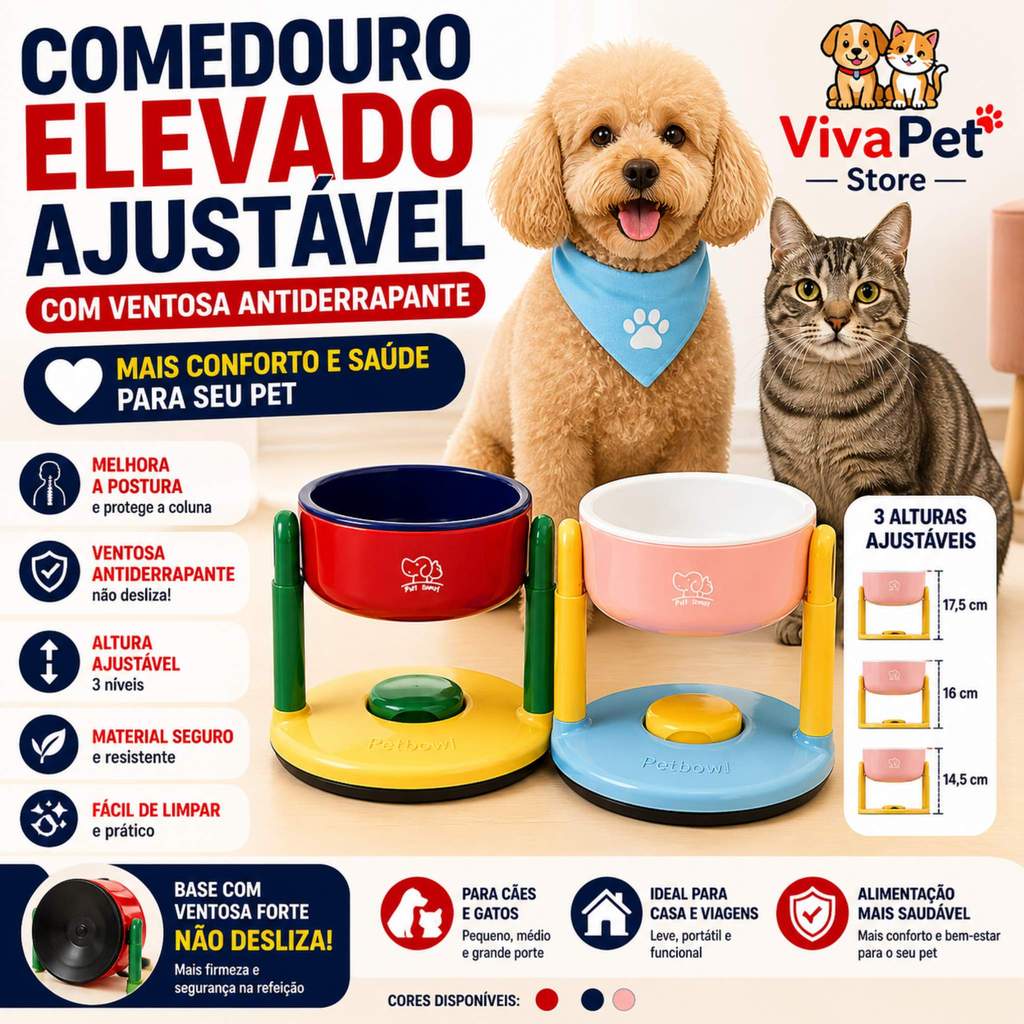Comedouro Elevado Ajustável para Cachorro e Gato com Ventosa Antiderrapante Tigela Pet Ergonômica