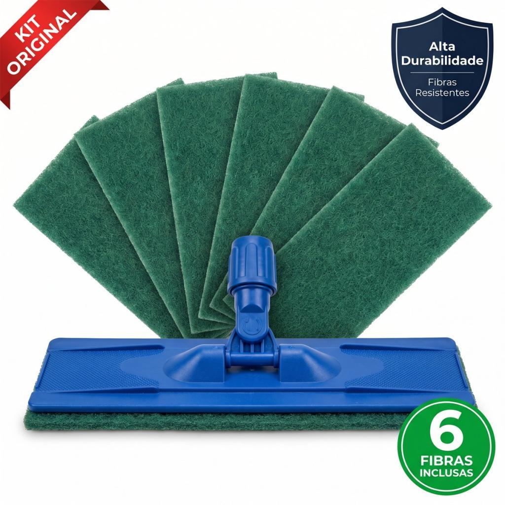 Kit Suporte Limpa Tudo Com 6 Fibras Abrasivas Mop Esfregão Limpeza Pesada Piso Parede Azulejo