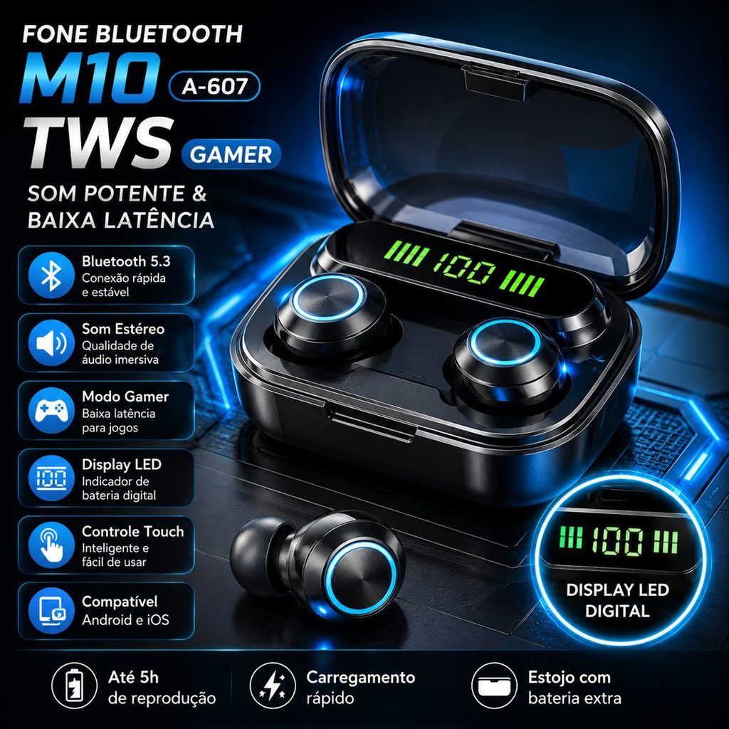 Fone Bluetooth Gamer M10 TWS Sem Fio Display LED Som Estéreo Android iOS  或者更吸引点击一点：
