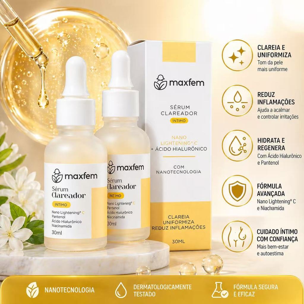 Sérum clareador íntimo que ilumina e uniformiza o tom da pele, além de reduzir a inflamação.