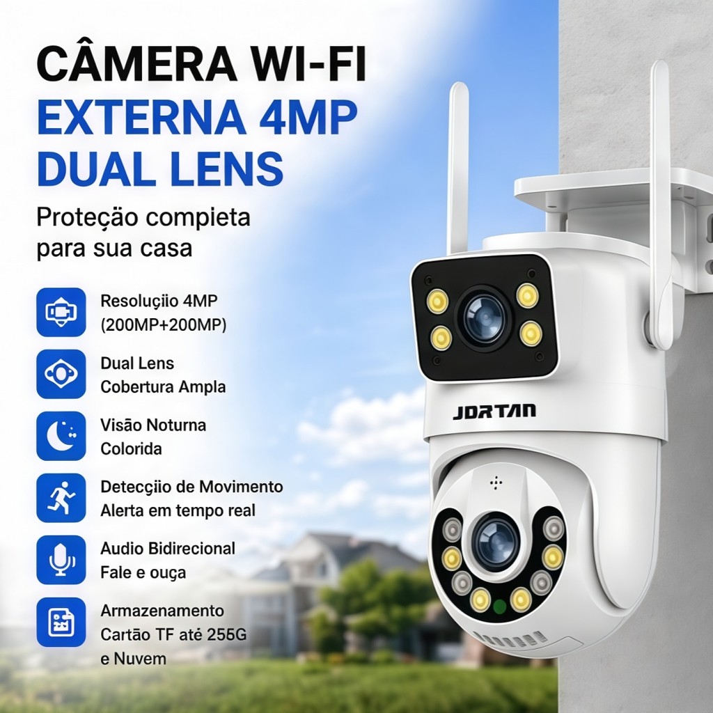 Câmera Segurança WiFi 4MP Dupla Lente 360° Full Color H.266 Detecção Movimento Áudio Bidirecional