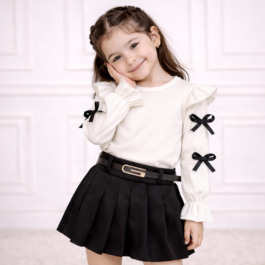 KIT 3 PEÇAS Conjunto infantil Blusa + short saia e Cinto moda tendencia  inverno-frio 2026