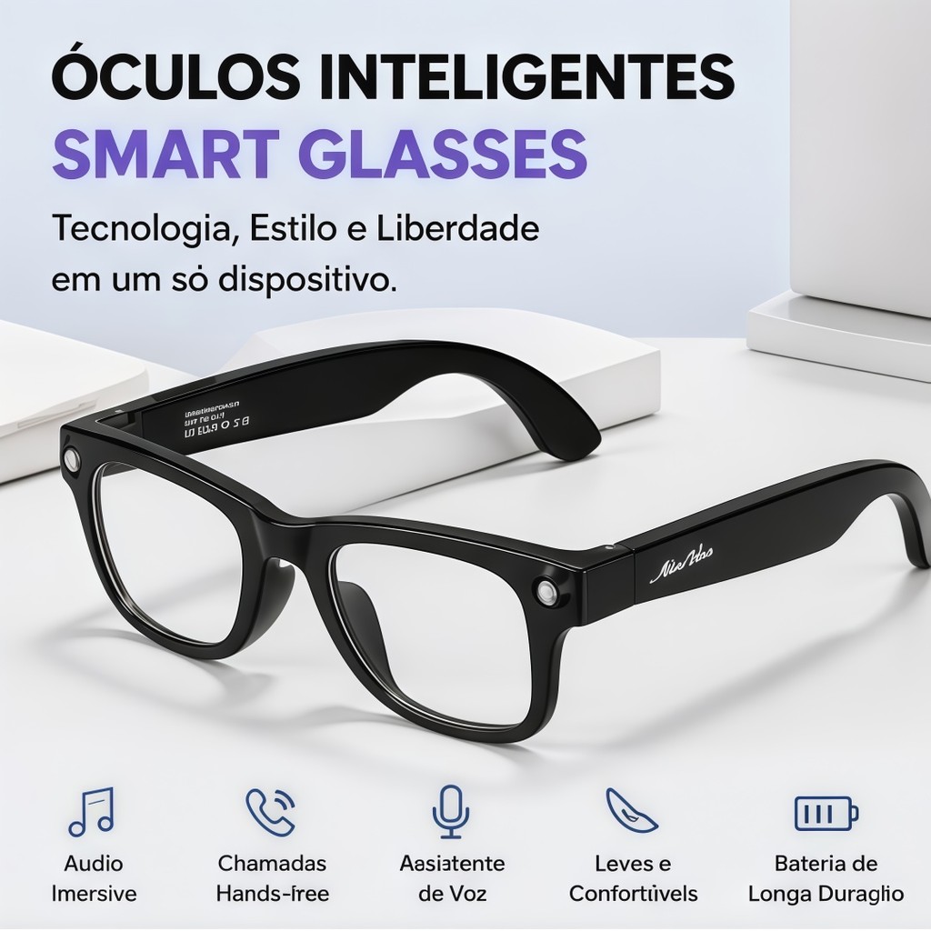 Óculos Inteligente Bluetooth 5.4 Com lanterna HD Grava Áudio 16GB Assistente de Voz