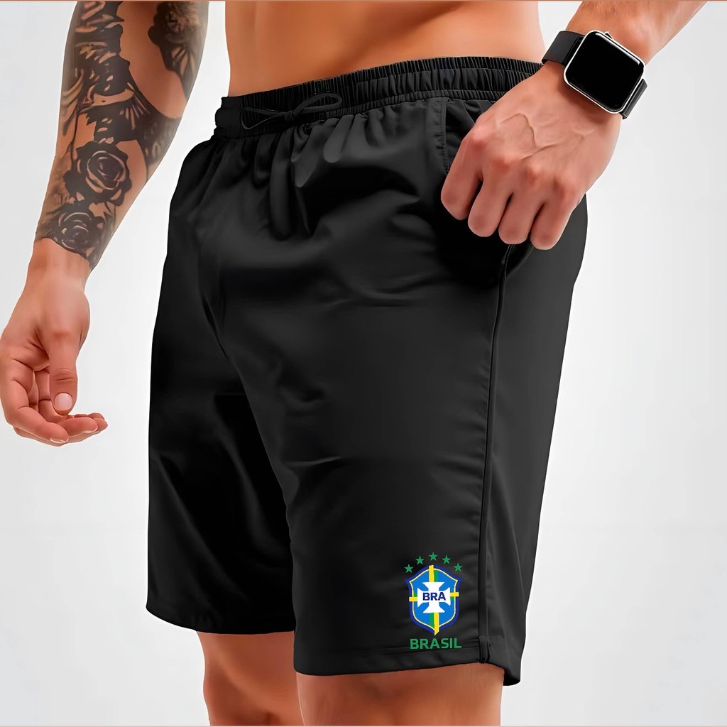 Short Brasil Dry fit Elastano Tactel Bermuda Praia Futebol e Academia Corrida