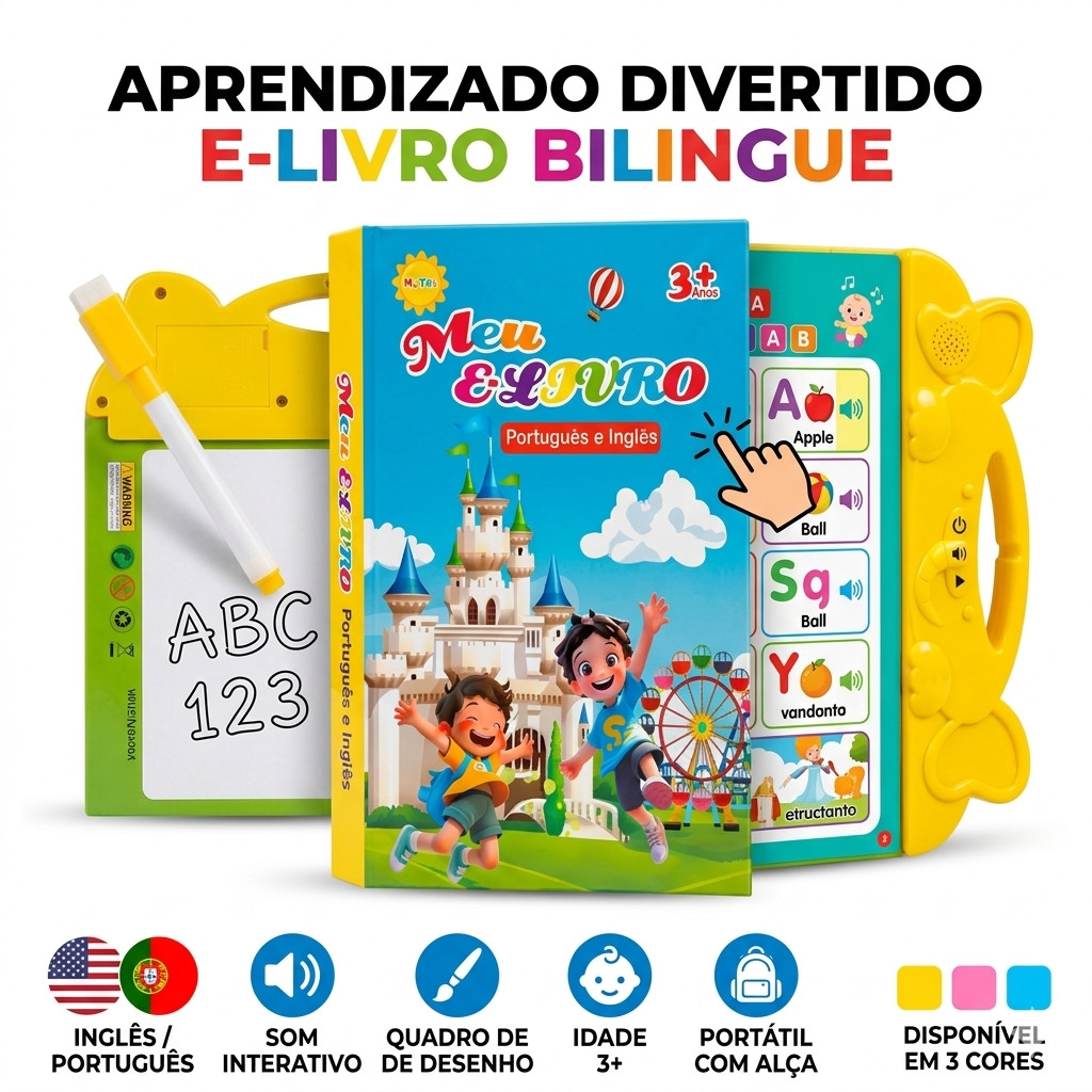 AUXOM Infantil Bilíngue Português Inglês Livro Interativo com Lousa Mágica Reutilizável+Caneta 2 em 1