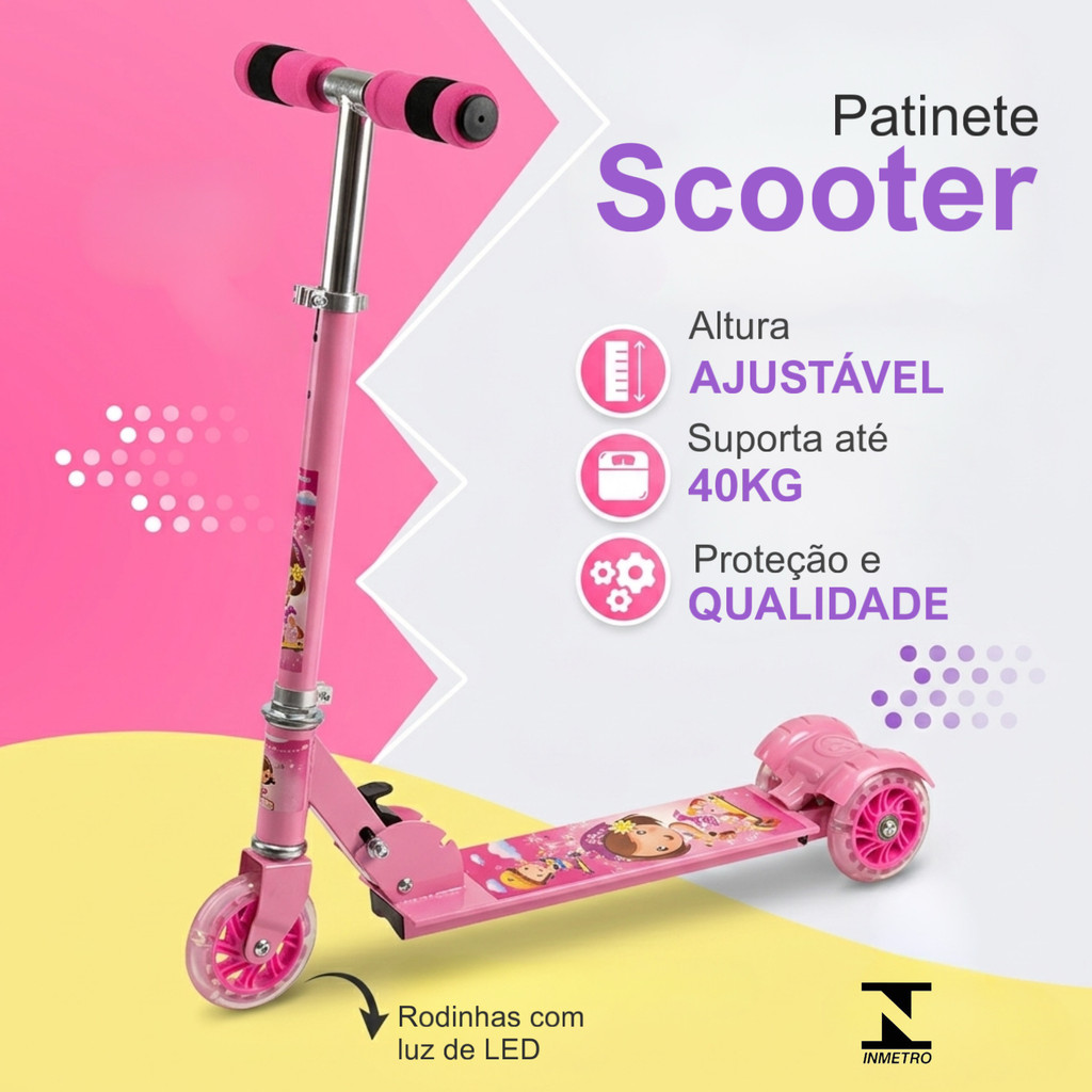 Patinete Scooter Infantil 3 Rodas LED Ajustável Cores Variadas Seguro