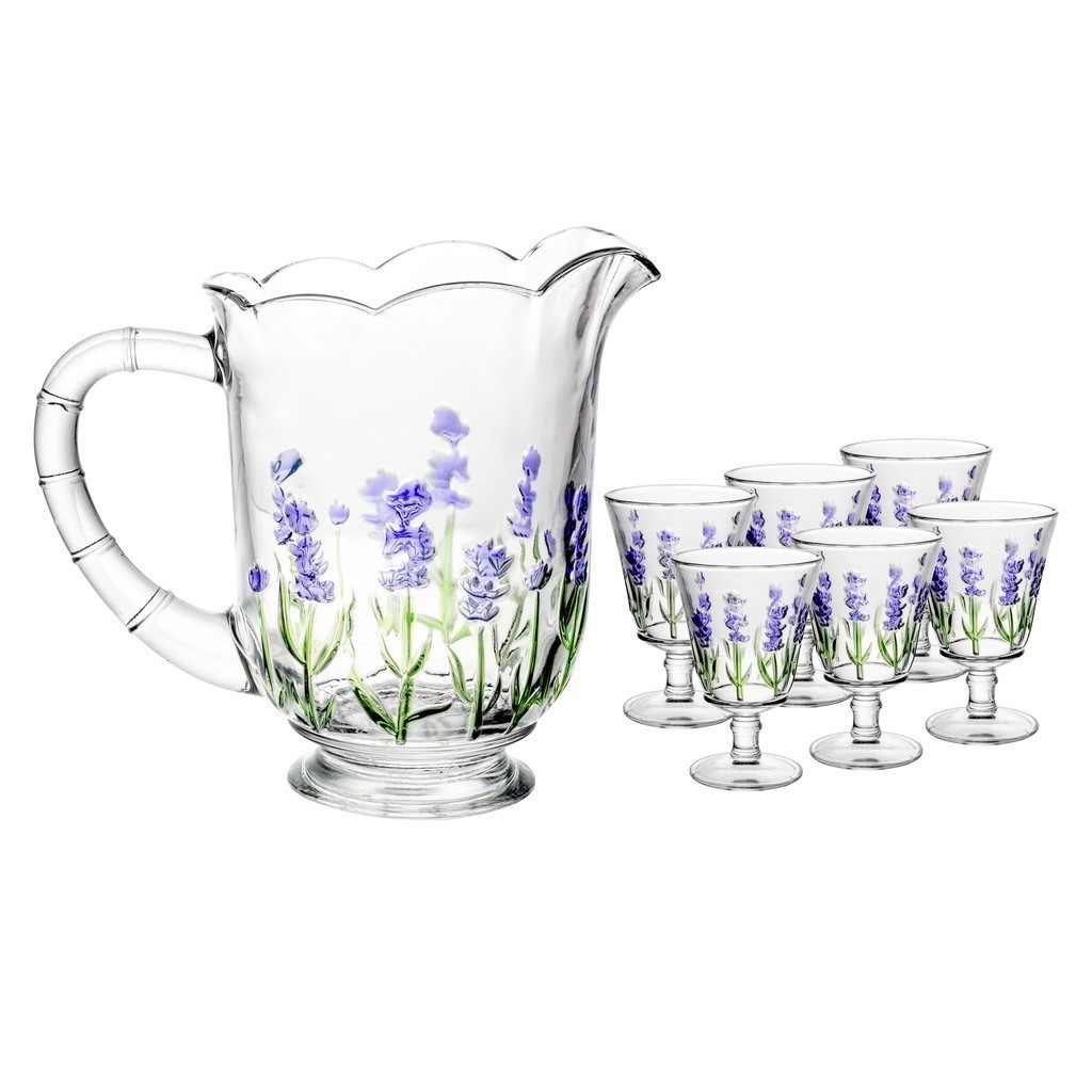 Jarra com 6 Taças Lyor Lavanda Hand Painting de Cristal 1,5L