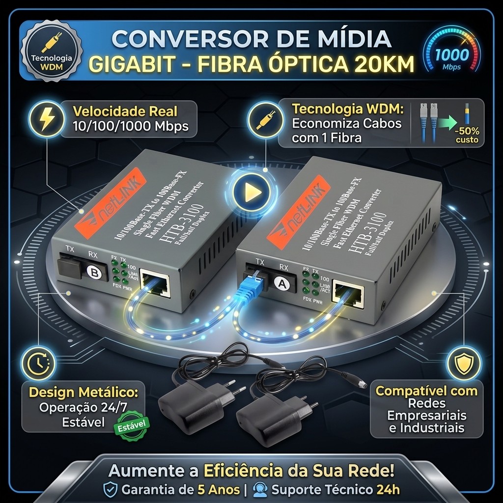 Par Conversor De Mídia Gigabit 10/100/1000 Mbps Fibra Óptica WDM Par A/B SC Single Mode 20km Com Fonte Bivolt