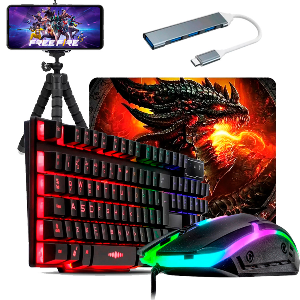 Kit Completo 7 Peças mobilador Teclado Mouse Gamer Rgb Mouse Pad Hub tipo c