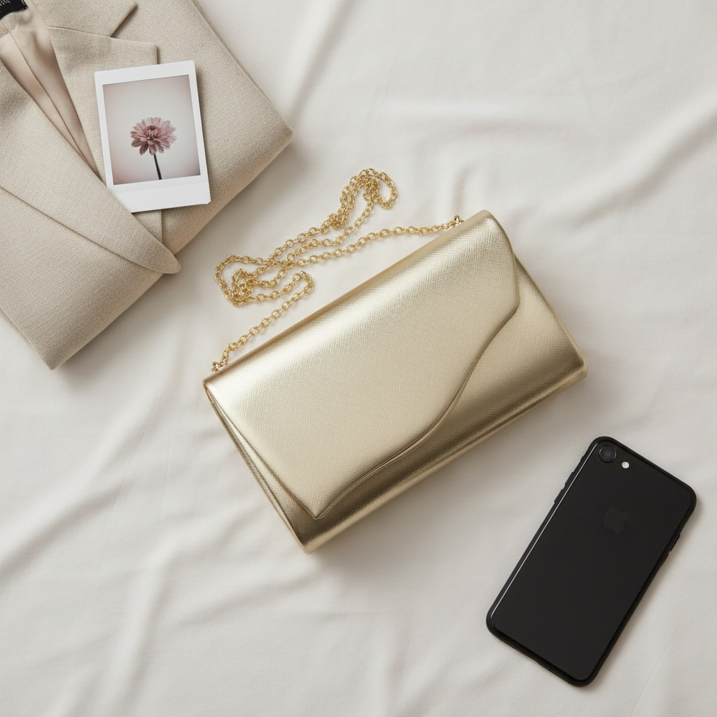Bolsa Clutch Tampa Ondulada Feminina com Alça Corrente Dourada Elegante Festa