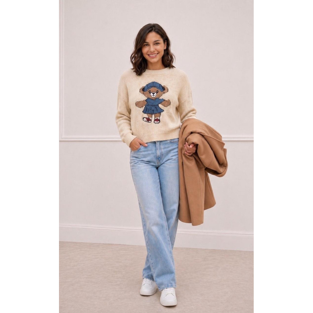 Blusa Trico Ursinho Bear Em Fio Mousse Sueter Manga Longa Tendência