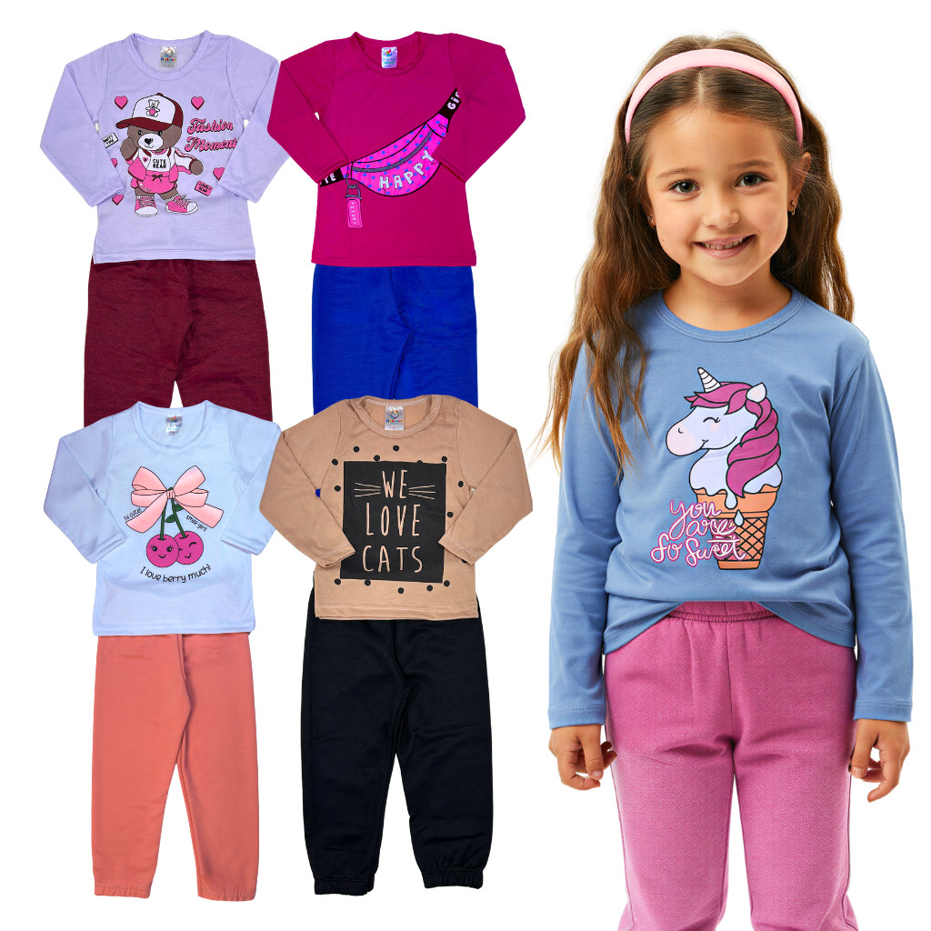 Kit 4 ou 6 Peças 2 ou 3 Conjunto Roupa Infantil Meia Estação Blusa Camiseta Manga Longa + Calça Frio Feminino