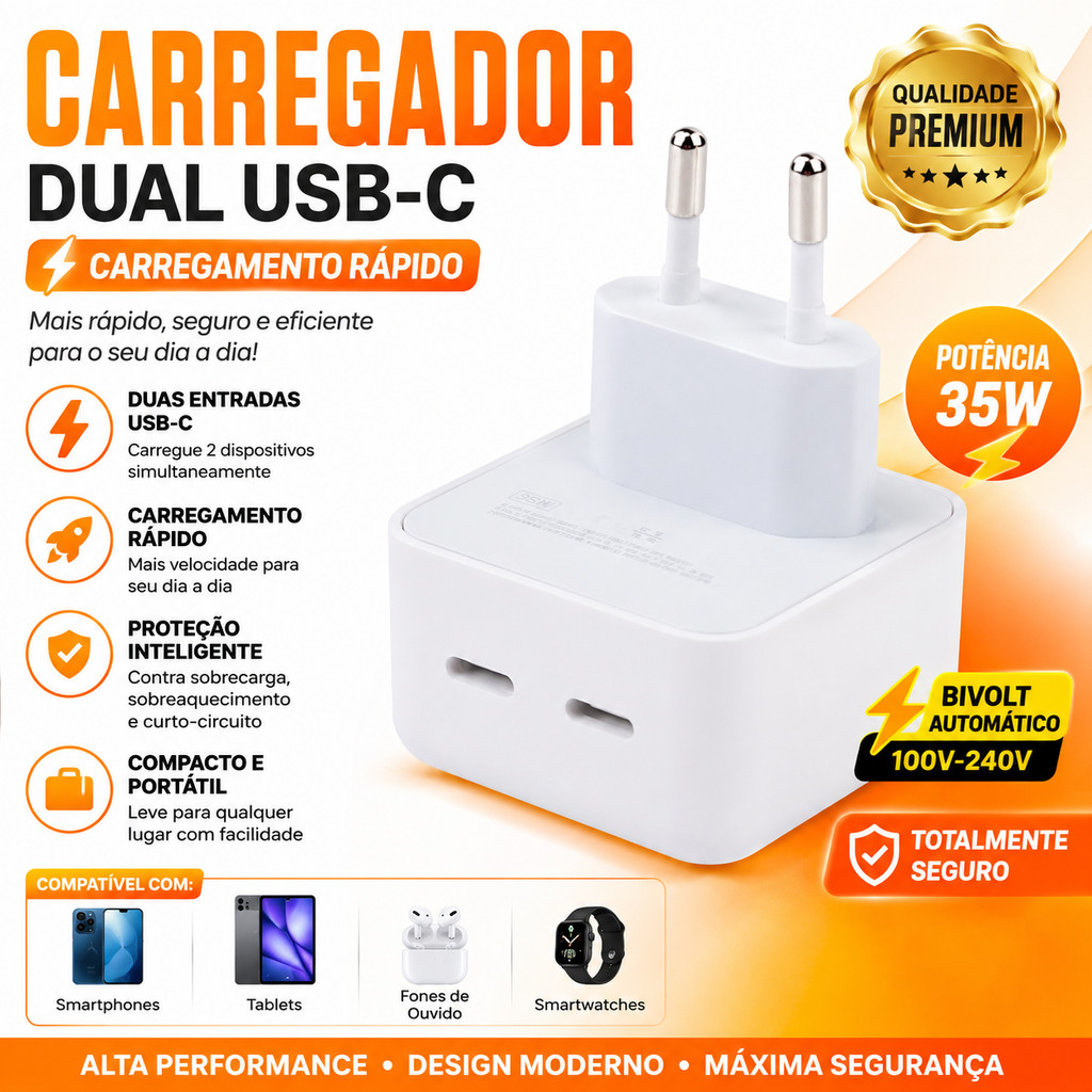 Fonte Carregadora 35W USB‑C DUPLA Tipo‑C Turbo Carregador Turbo Rápido