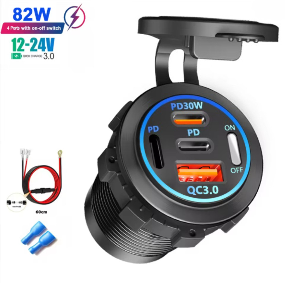 Carregador De Carro 4 Pors PD QC3.0 Com Cabo Interruptor , Painel De Tomada De Carregamento Rápido , Acessórios Para 12V