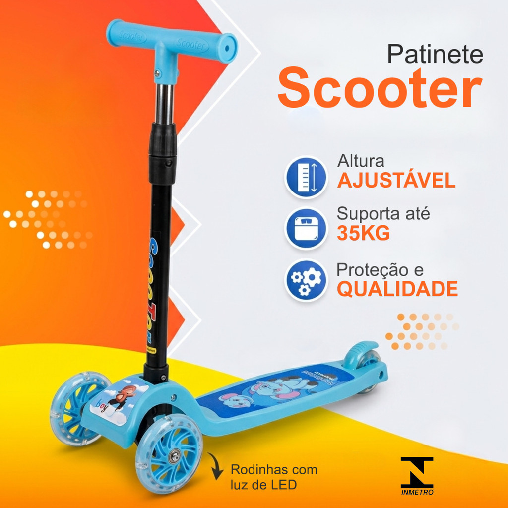 Patinete 3 Rodas Infantil LED Altura Regulável Dobrável Até 35kg Menino ou Menina