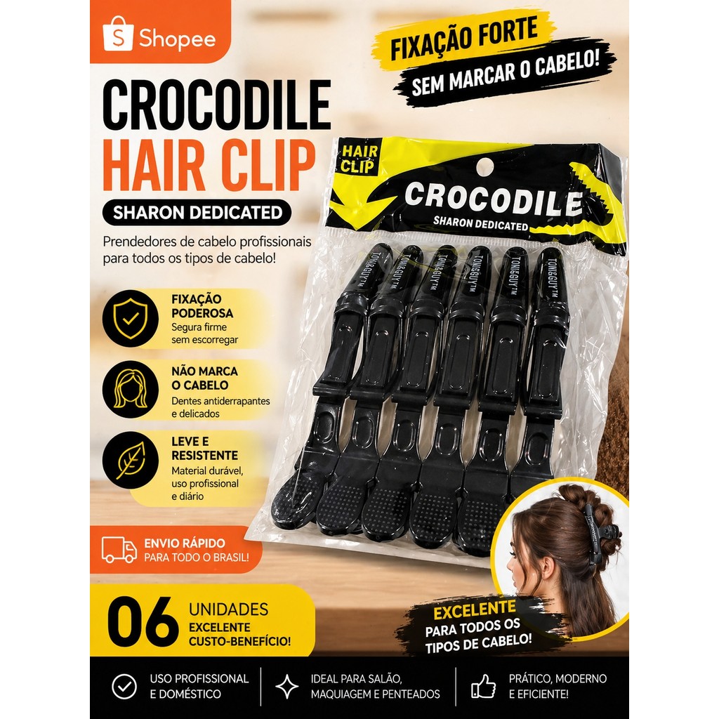 Kit 6 Presilhas Crocodilo Profissional para Cabelo – Fixação Forte Antiderrapante | Não Marca os Fios