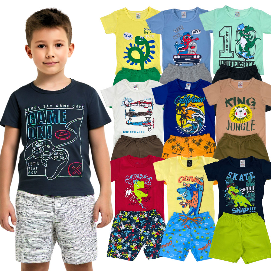 Kit 10 peças 5 Conjunto Verão Infantil Menino Camiseta + Bermuda Roupa Masculina Bebê