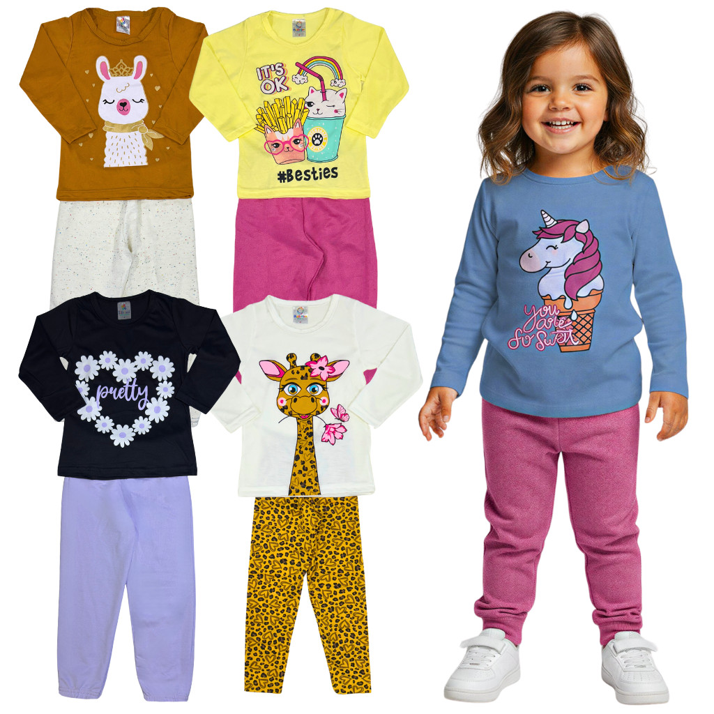 Kit 4 ou 6 Peças 2 ou 3 Conjunto Calça e Blusa/Camiseta Manga Longa Menina Meia Estação Roupa Frio Infantil