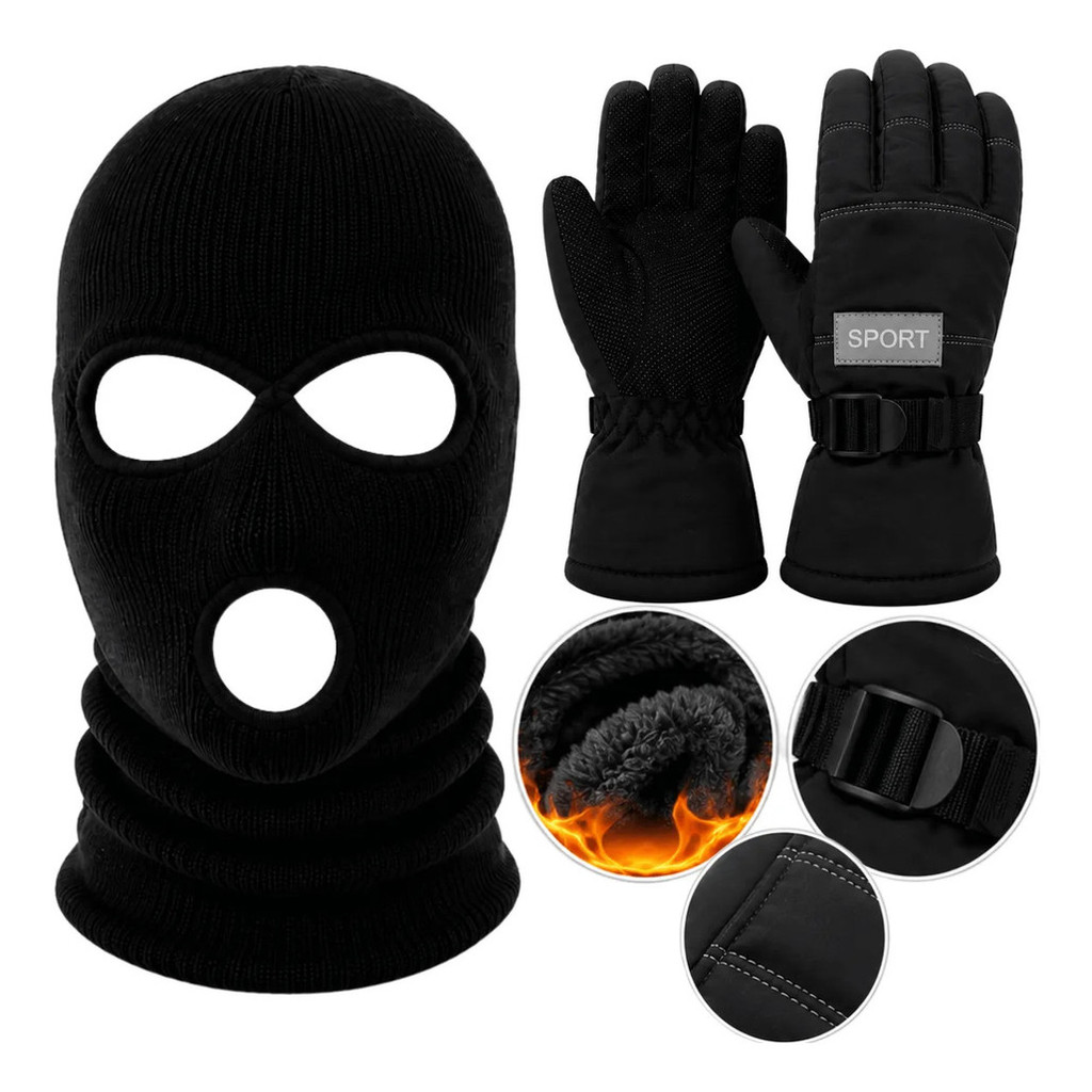Kit Balaclava + Luva Impermeável Peluciada Frio Moto Sport inverno Neve Térmica Aprova de agua