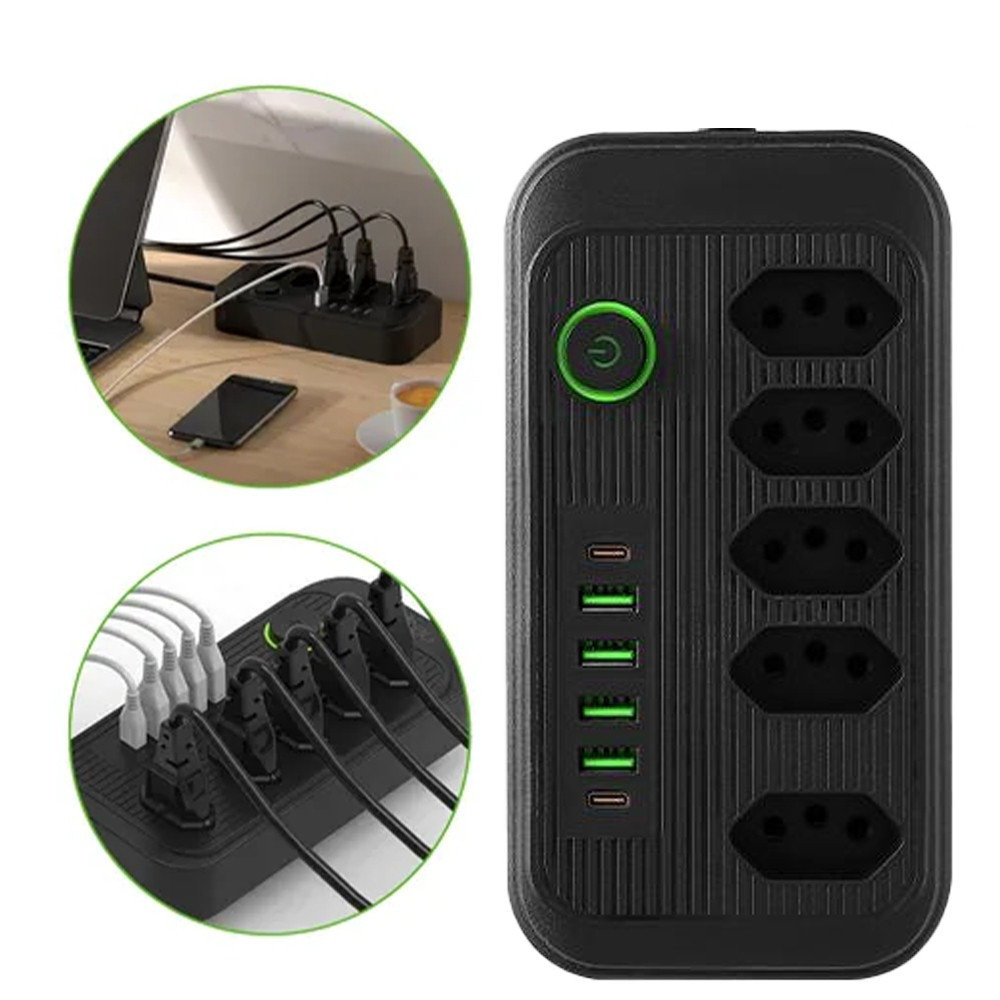 Bivolt 5+ Tomadas USB, Coibeu Extensão Filtro Segurança 4 USB Tipo C com Cabo Energia Casa