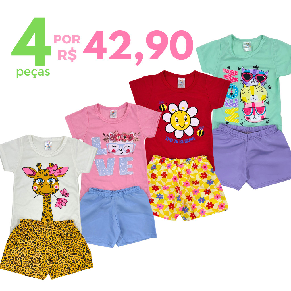 Kit 4 Peças 2 Conjunto Verão Roupa Infantil Menina Sortidos Camiseta + Shorts Liso ou Estampado