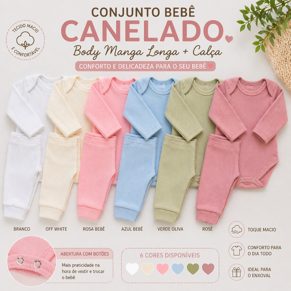Conjunto Bebê Canelado Manga Longa Body e Calça Algodão Macio Unissex Enxoval