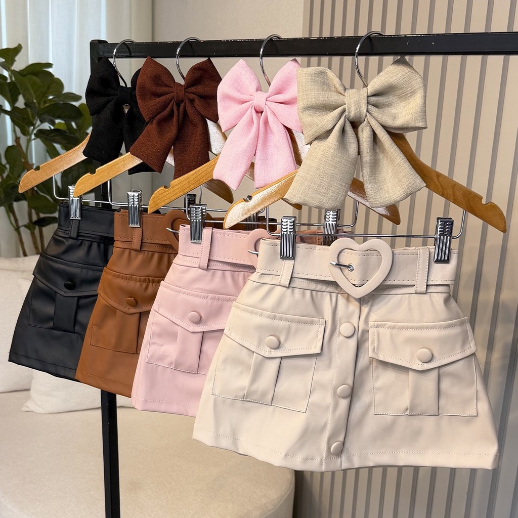 Short Saia Infantil Thaís Bege, Marrom, Preto e Rosa Menina 04 ao 12