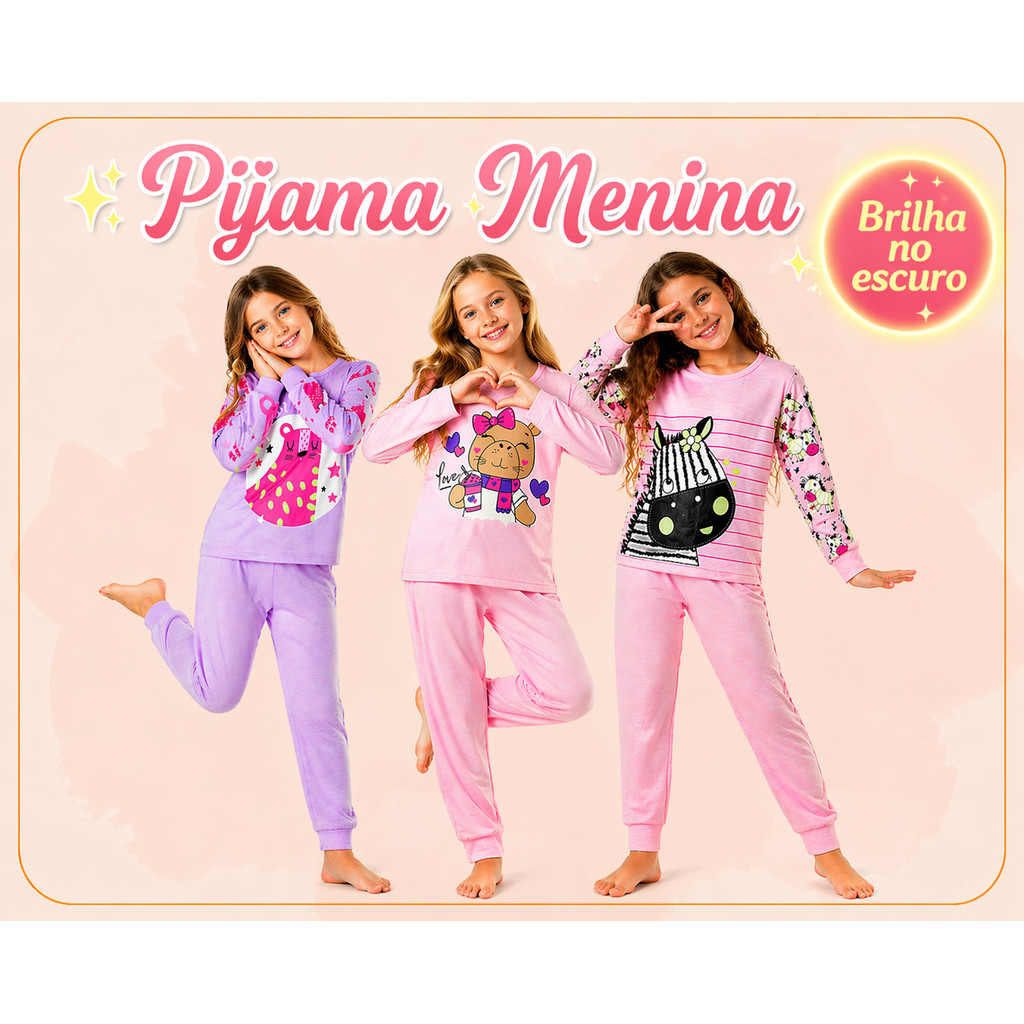 Pijama Brilha no Escuro Manga Longa Menina Conjunto Infantil Inverno Estampas Brilhante Festa