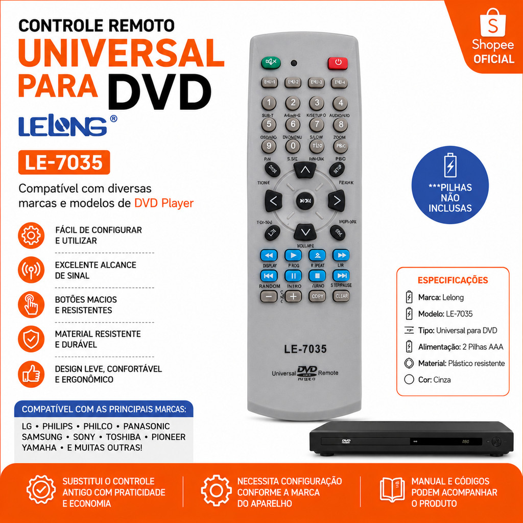 Controle Remoto Universal DVD Lelong LE-7035 Compatível com Diversas Marcas Fácil Configuração