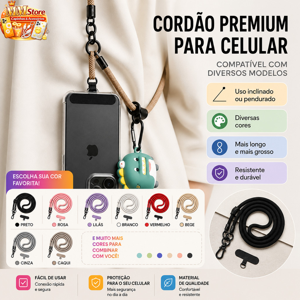 Cordão Grosso Reforçado para Capa de Celular Multifuncional Ajustável Crossbody Anti Queda Universal