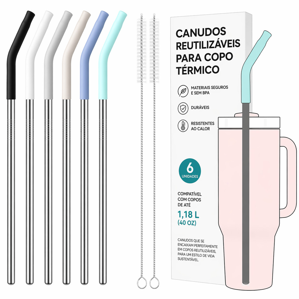 Canudo de Aço Inoxidável 28cm com Ponta de Silicone e Escova de Limpeza Ideal para Copo Térmico 900/1200ml