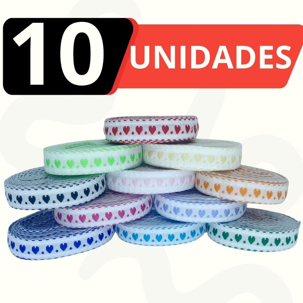 Kit 10  Passa Fita Falso Coração Rolo  10m Cada  Diversas Cores