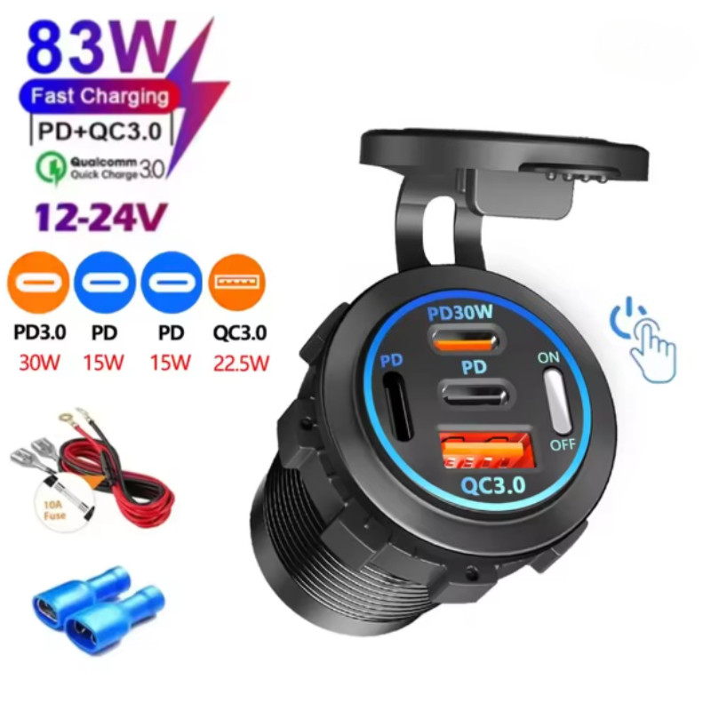 PD 3.0 QC 3.0 Carregador De Carro Isqueiro Soquete À Prova Dwaterproof Água USB Carga Rápida Com Interruptor Voltímetro 