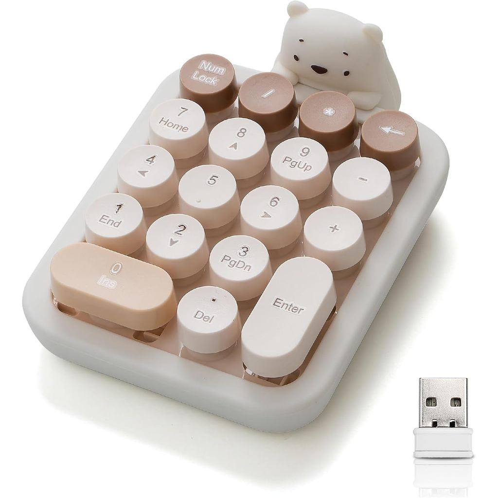 Lindo teclado numérico sem fio com urso de silicone, teclas redondas coloridas, conexão sem fio USB 2,4G