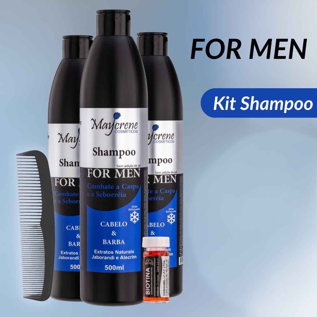 Kit Shampoo For Men Anticaspa Combate Caspa Cabelo Barba 3 unid com Pente Ampola Crescimento