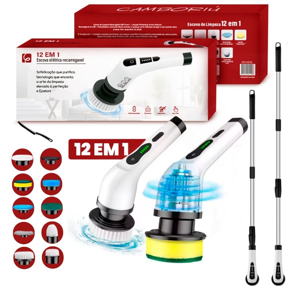 Escova Elétrica Limpeza Kit 9 em 1 Sem Fio Giratória Portátil