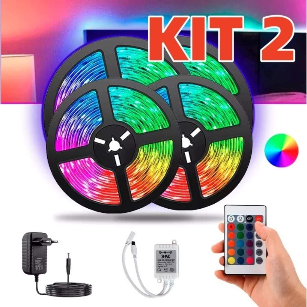 KIT 1/2/3/4 Fita Led Rgb 3528 Colorida 5m + Controle+Fonte 300 Led Decoração Casa Loja Gesso Teto Sanca Vitrine