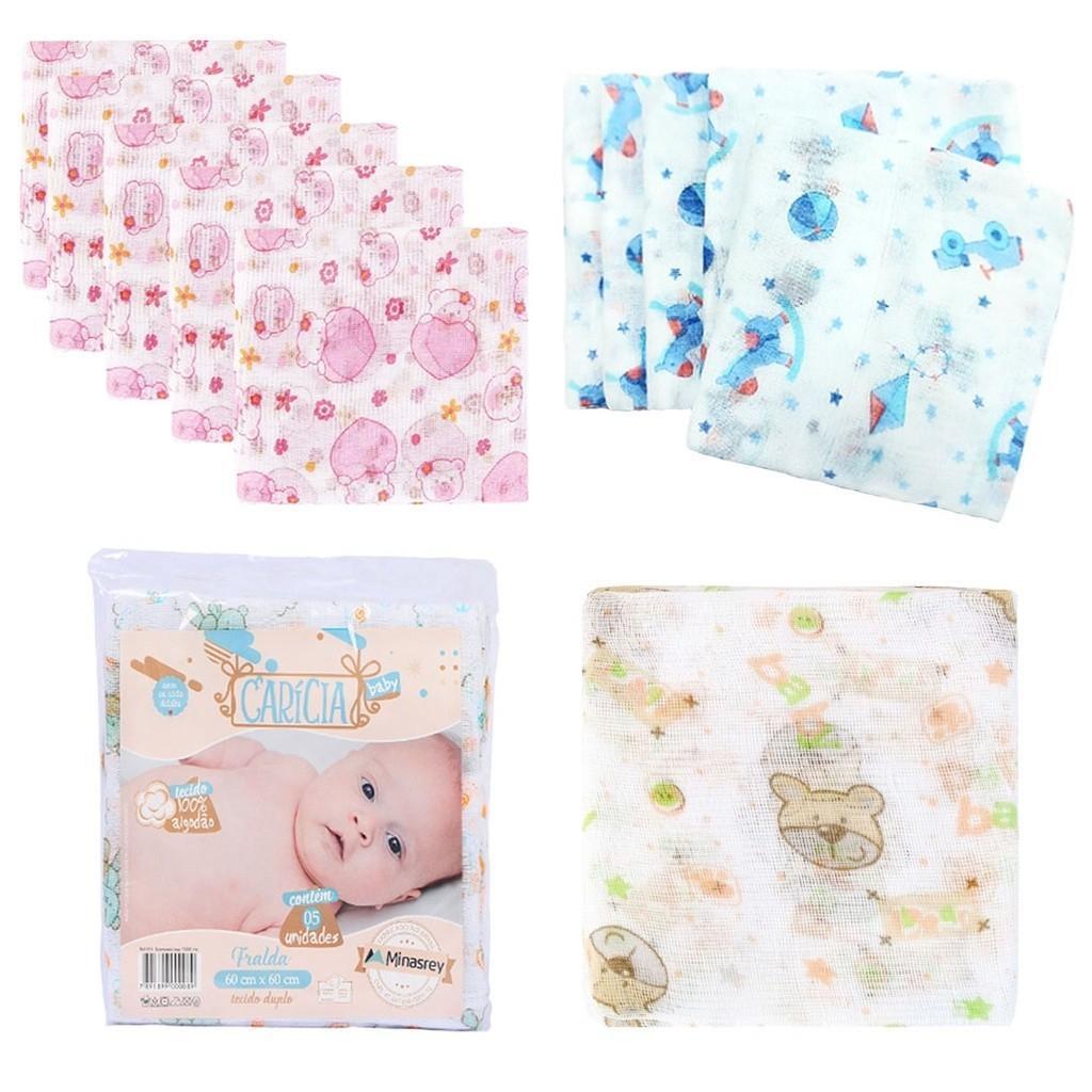 Kit 5 unidades Fralda de Pano 100% algodão Minasrey Baby