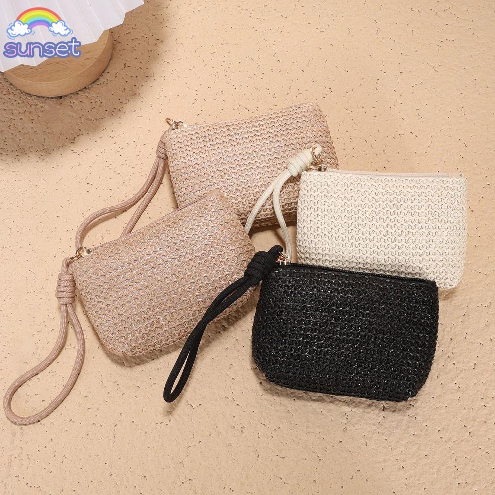 Bolsa De Moedas SUNSET , Mini Carteira De Palha , Dinheiro Com Zíper Durável , Mulheres E Meninas