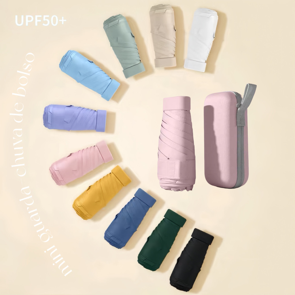 Mini Guarda-Chuva de bolso UPF50+ Super Compacto!Para Sol e Chuva, Lindas Cores com Estojo