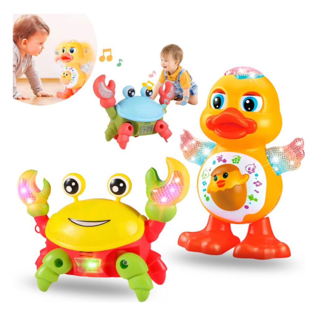 Kit Caranguejo Fujão e Patinho Dançante Brinquedo Infantil Com Luz Som e Movimento