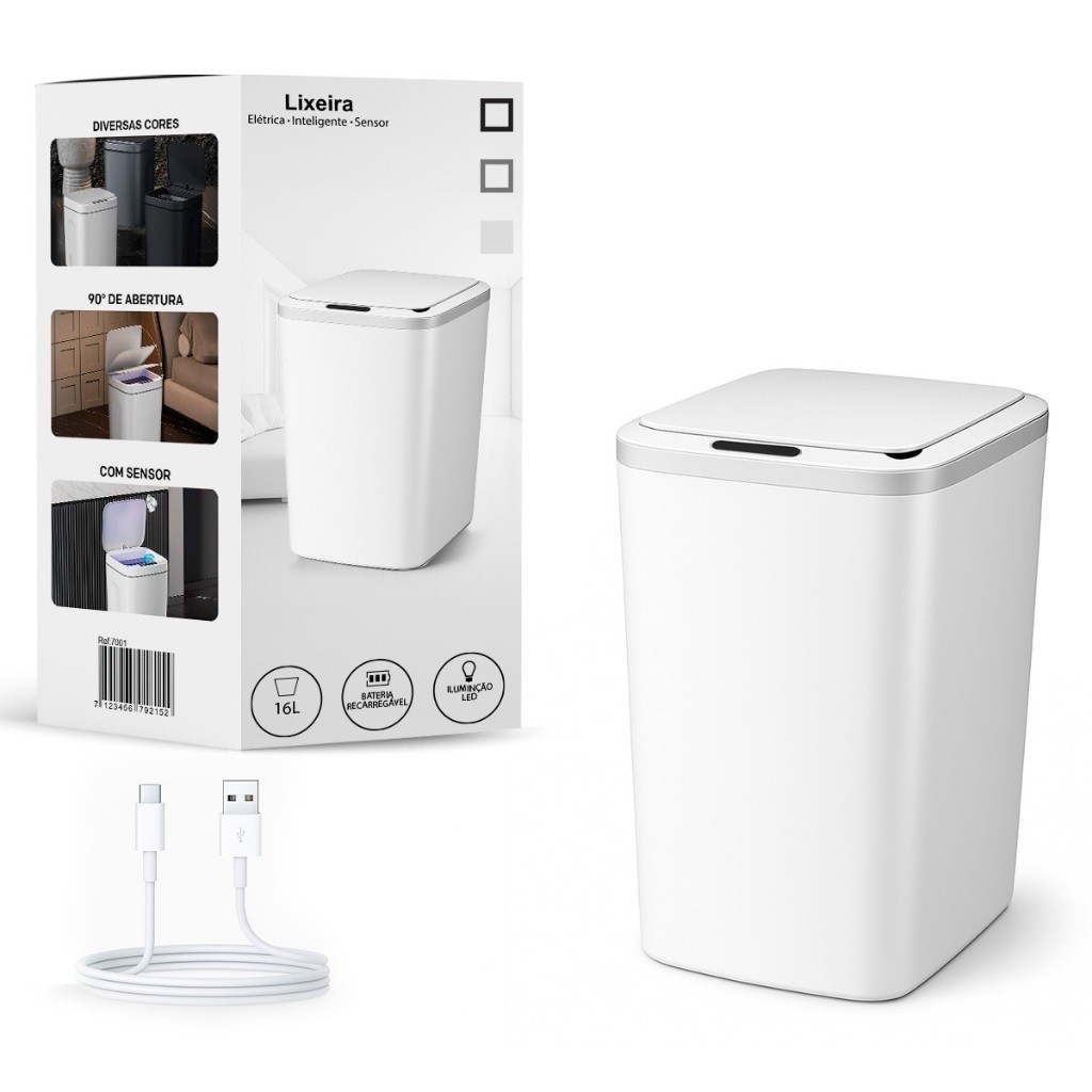 Lixeira Inteligente Capacidade 16L Recarregável Automático Com Sensor Na Tampa Para Sala Cozinha Escritório
