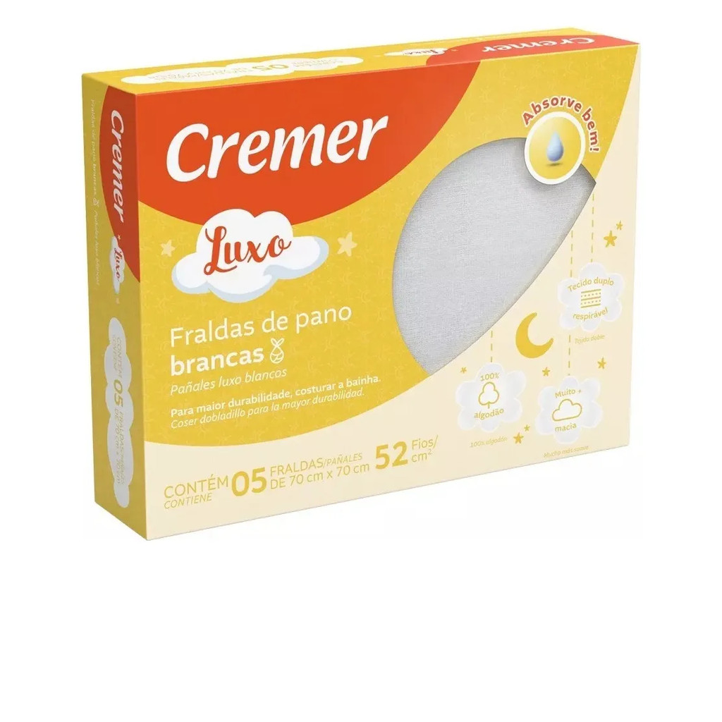 Fralda Cremer Luxo Branca C/5 Unidades 70x70 Cm Grande