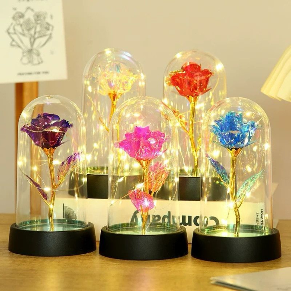 Rosa Encantada com Luz LED - Flor Eterna Decorativa em Cúpula de Acrílico