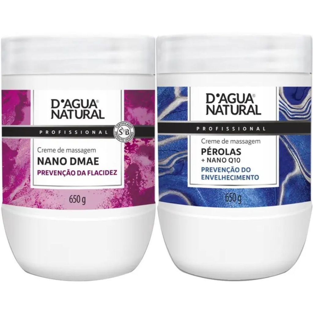 Kit Creme de Massagem Nano DMAE 650g + Pérolas & Nano Q10 650g D’Água Natural Prevenção da Flacidez e do Envelhecimento