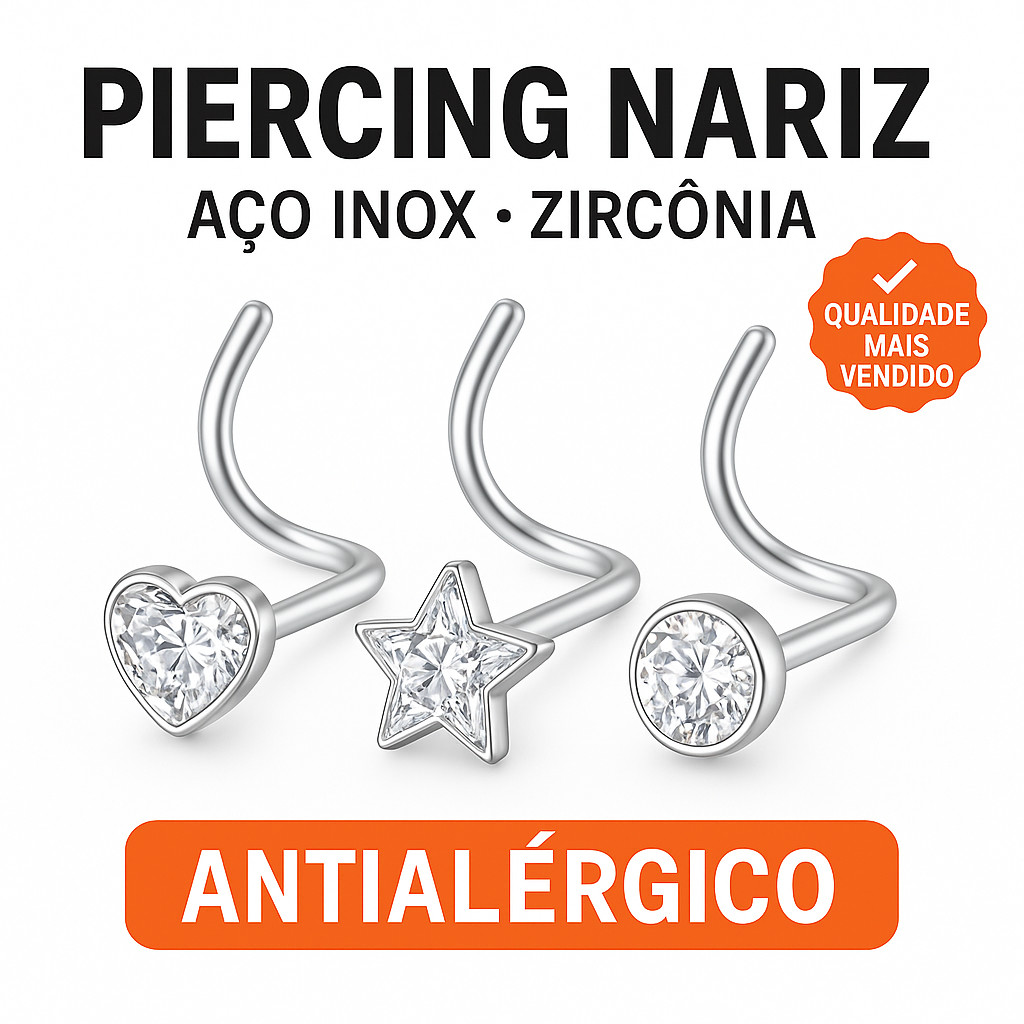 Piercing Nariz Nostril Aço Inox Zircônia Estrela Coração Bolinha Antialérgico Brilhante Resistente